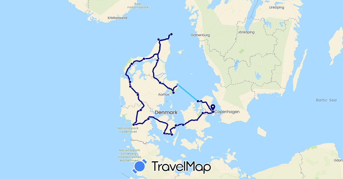 TravelMap itinerary: driving, boat in Denmark (Europe)