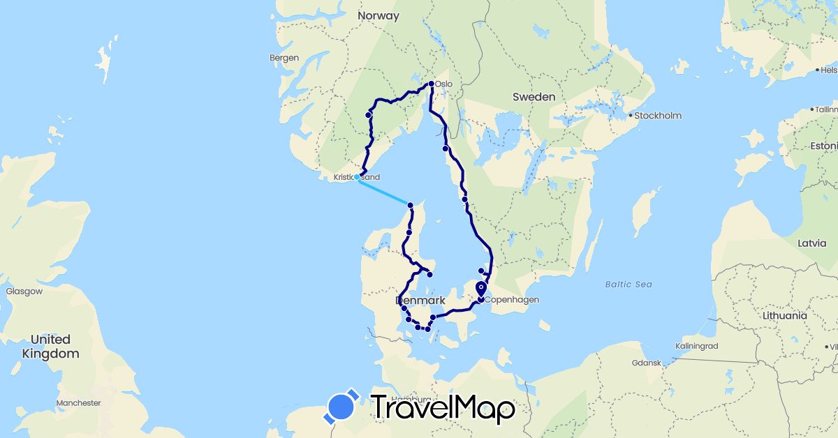 TravelMap itinerary: driving, boat in Denmark, Norway, Sweden (Europe)