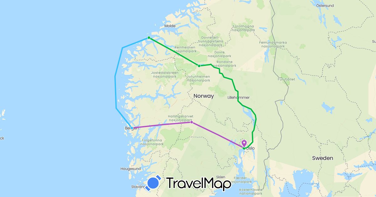 TravelMap itinerary: driving, bus, train, boat in Norway (Europe)