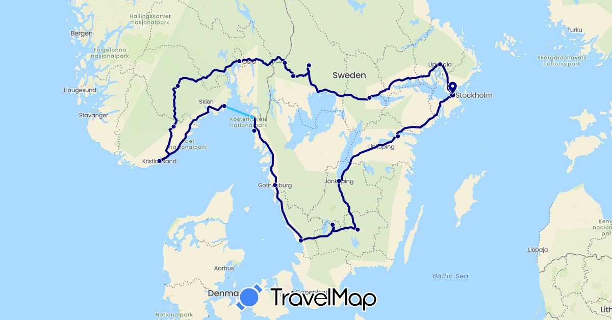 TravelMap itinerary: driving, boat in Norway, Sweden (Europe)
