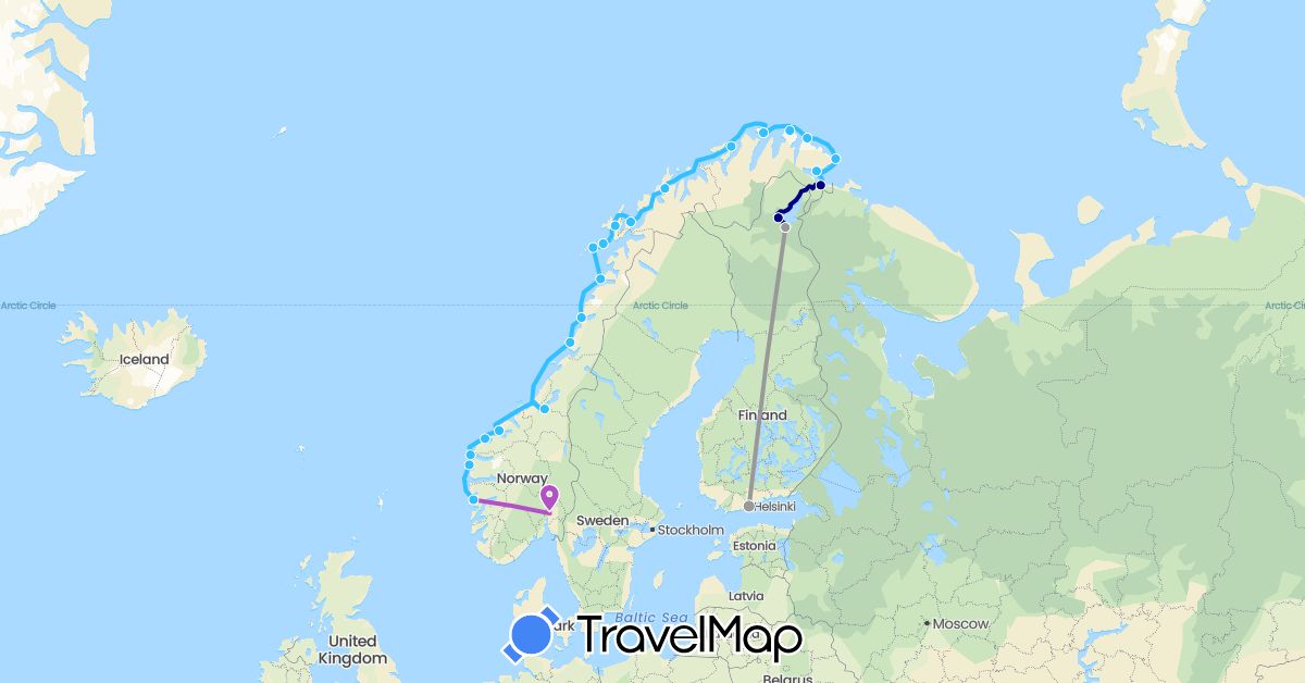 TravelMap itinerary: driving, plane, train, boat in Finland, Norway (Europe)