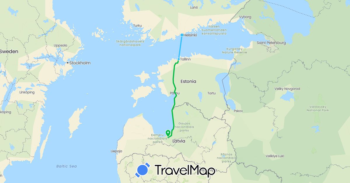 TravelMap itinerary: driving, bus, boat in Estonia, Finland, Latvia (Europe)