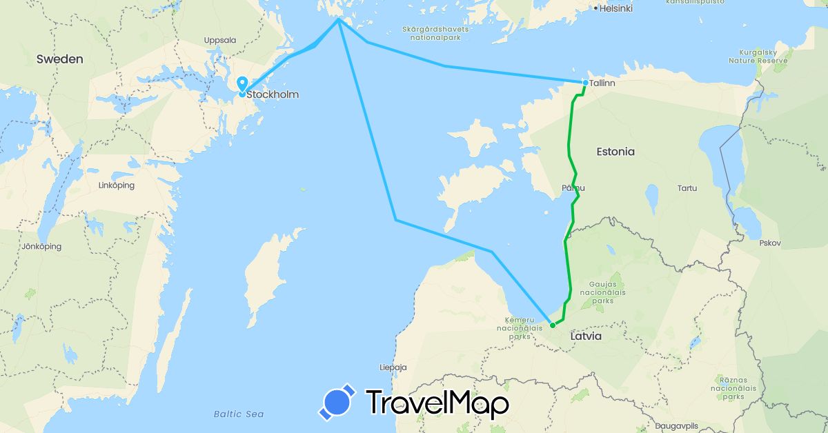 TravelMap itinerary: driving, bus, boat in Estonia, Latvia, Sweden (Europe)