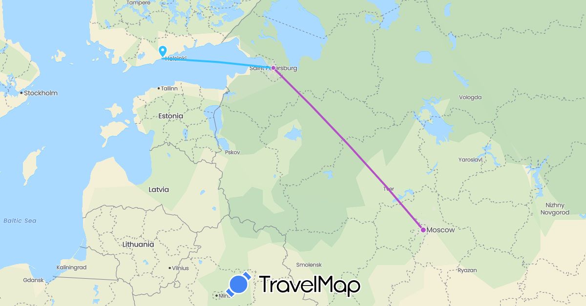TravelMap itinerary: driving, train, boat in Finland, Russia (Europe)