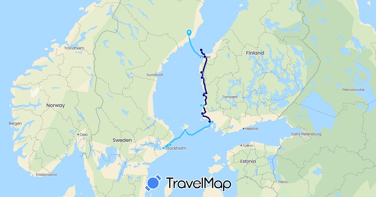 TravelMap itinerary: driving, boat in Finland, Sweden (Europe)